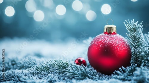 A festive red ornament sits on frosted pine branches, evoking a cozy winter atmosphere with blurred lights in the background.