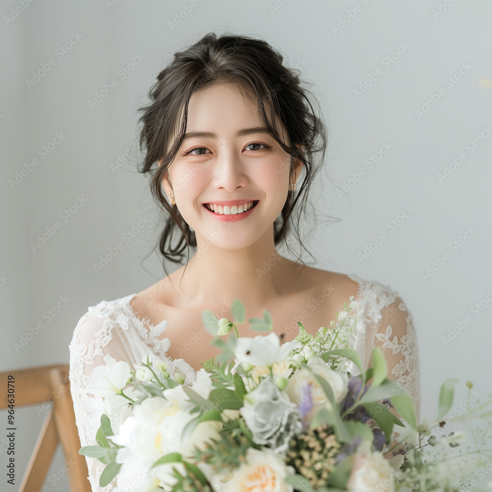 Smiling Asian woman wearing a wedding dress and holding a bouquet Smiling Asian woman wearing a wedding dress and holding a bouquet