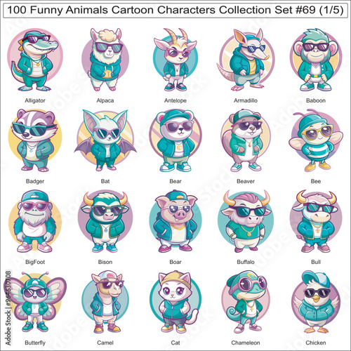 Funny Animals Cartoon Characters Collection Set of 100 Isolated Animals Part 1