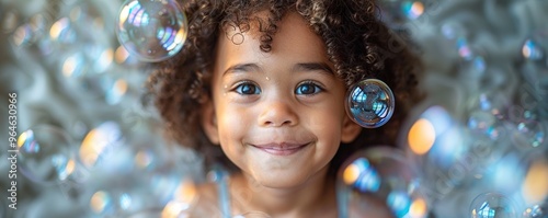 A young child gleefully playing with bubbles, eyes lit up with innocent joy and laughter against a plain white background.