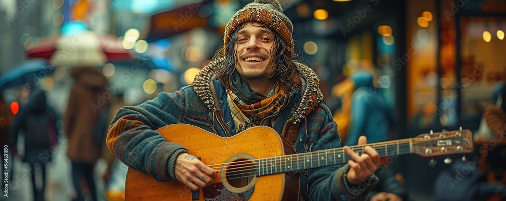 A musician performing on a street corner, hat filled with tips and face filled with appreciation. A musician performing on a street corner, hat filled with tips and face filled with appreciation.