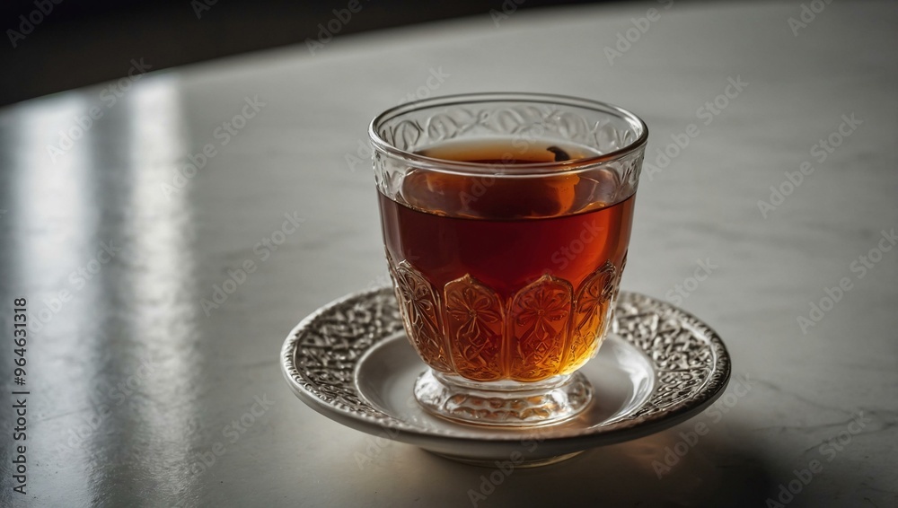 Glass of Turkish tea placed on a white surface, embodying traditional elegance. Glass of Turkish tea placed on a white surface, embodying traditional elegance.