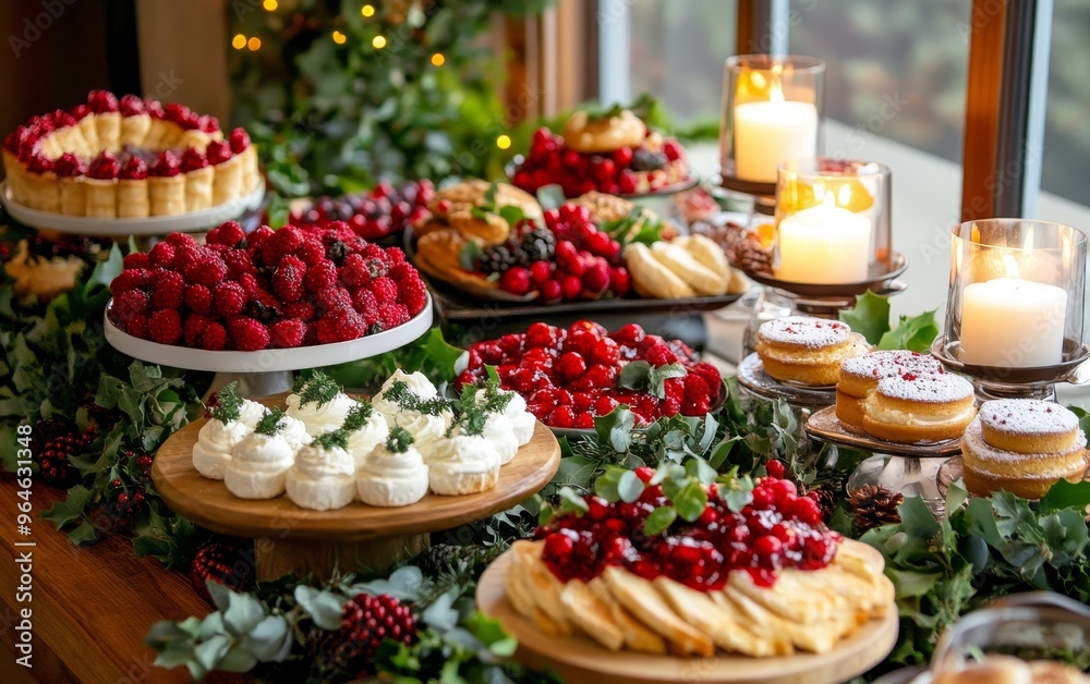 A festive display of assorted desserts and fruits, perfect for a celebration or gathering. A festive display of assorted desserts and fruits, perfect for a celebration or gathering.