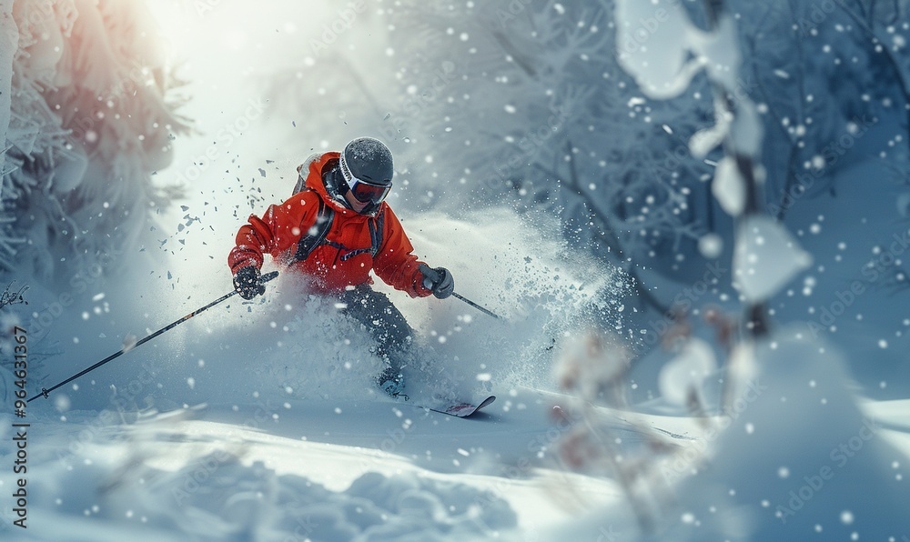 A person with a focused expression, skiing down powdery snow slopes with speed and precision in a winter wonderland with snow-covered trees against a white backdrop. 4K hyperrealistic photo. A person with a focused expression, skiing down powdery snow slopes with speed and precision in a winter wonderland with snow-covered trees against a white backdrop. 4K hyperrealistic photo.