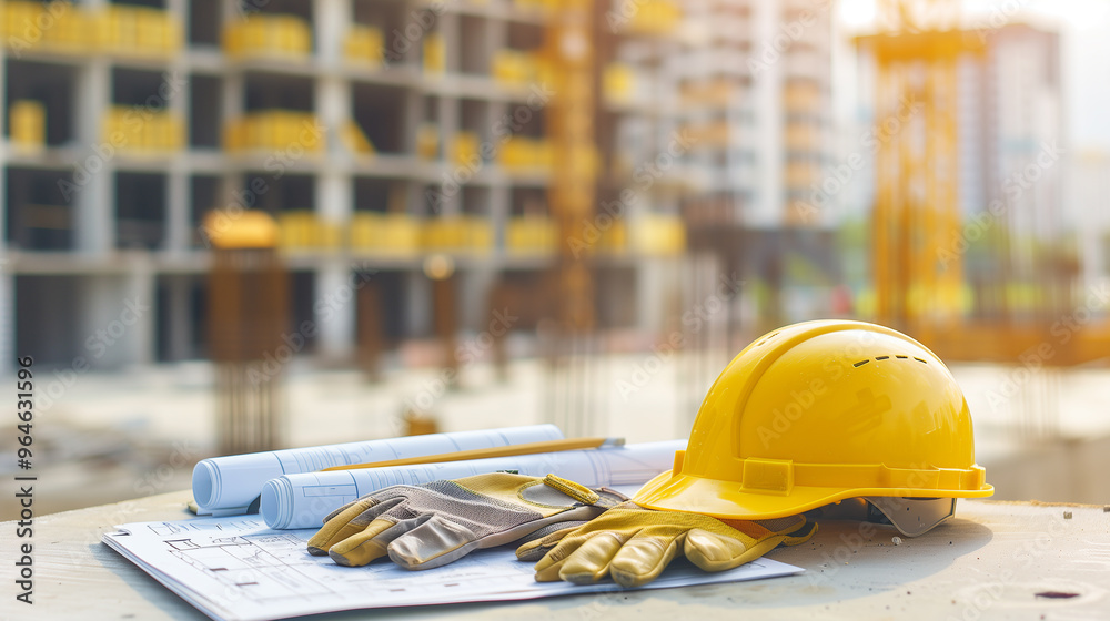A yellow hard hat sits on top of a stack of blueprints. Concept of professionalism and safety in the workplace A yellow hard hat sits on top of a stack of blueprints. Concept of professionalism and safety in the workplace