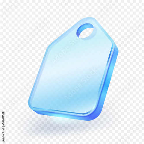 3D blank price tag material is clear blue crystal glass, isolated on white background. Realistic vector illustration.