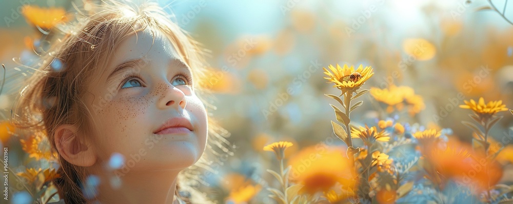 A child with a curious expression, observing a bee pollinating a vibrant sunflower with golden petals and a buzzing insect in a garden filled with blooming flowers against a plain white background. A child with a curious expression, observing a bee pollinating a vibrant sunflower with golden petals and a buzzing insect in a garden filled with blooming flowers against a plain white background.