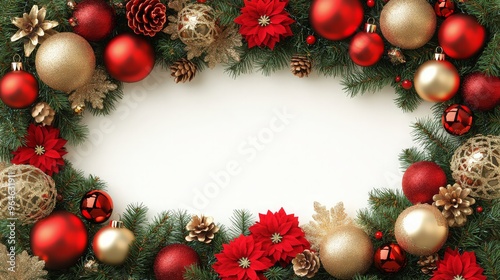 Christmas frame of spruce, red gold christmas decorations on white background. Copy space. New Year lights. Flat lay. ai generated