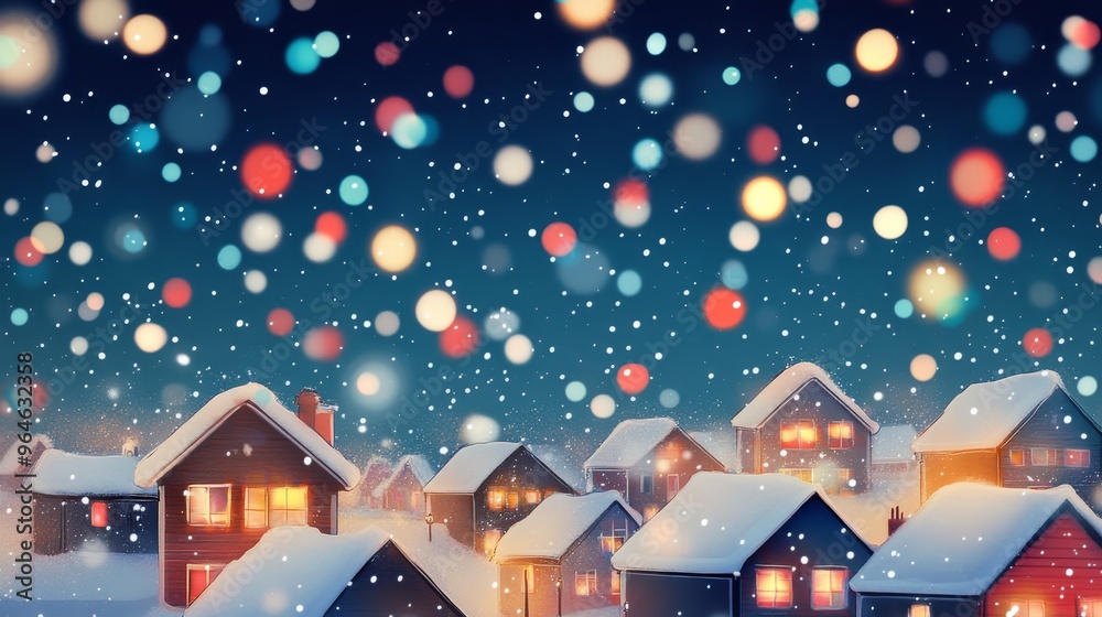 A picturesque winter scene with cozy houses, snow-covered roofs, and colorful lights amidst falling snowflakes. A picturesque winter scene with cozy houses, snow-covered roofs, and colorful lights amidst falling snowflakes.