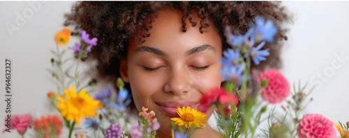 A woman with a radiant smile, holding a bouquet of fresh flowers and smelling them with closed eyes against a plain white background.