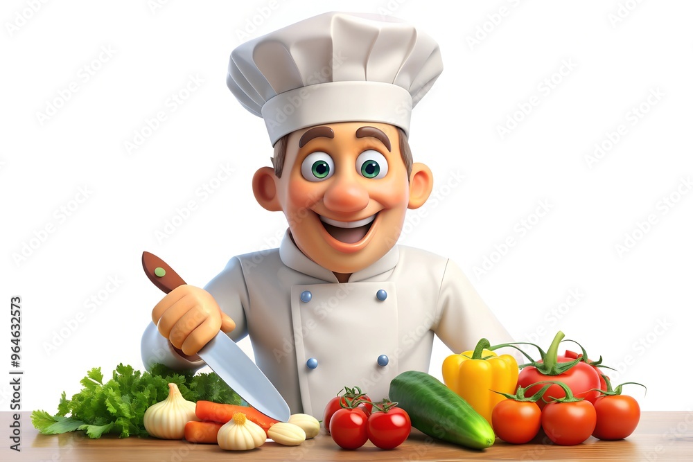 Cartoon chef cooking with fresh vegetables Cartoon chef cooking with fresh vegetables