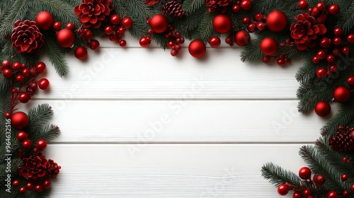 Christmas frame of spruce, red gold christmas decorations on white background. Copy space. New Year lights. Flat lay. ai generated