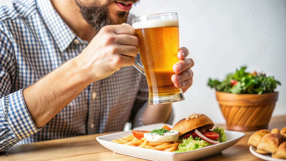 Beer alcoholic beverage ,Working man drinking beer on a dining table with food Beer alcoholic beverage ,Working man drinking beer on a dining table with food