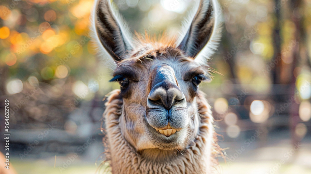 Obraz premium Medium close-up of a llama with a goofy grin, showing its teeth in a funny and endearing way.