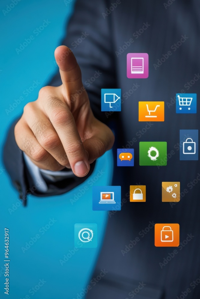 Businessman interacting with digital marketing icons for online business strategy and innovation Businessman interacting with digital marketing icons for online business strategy and innovation