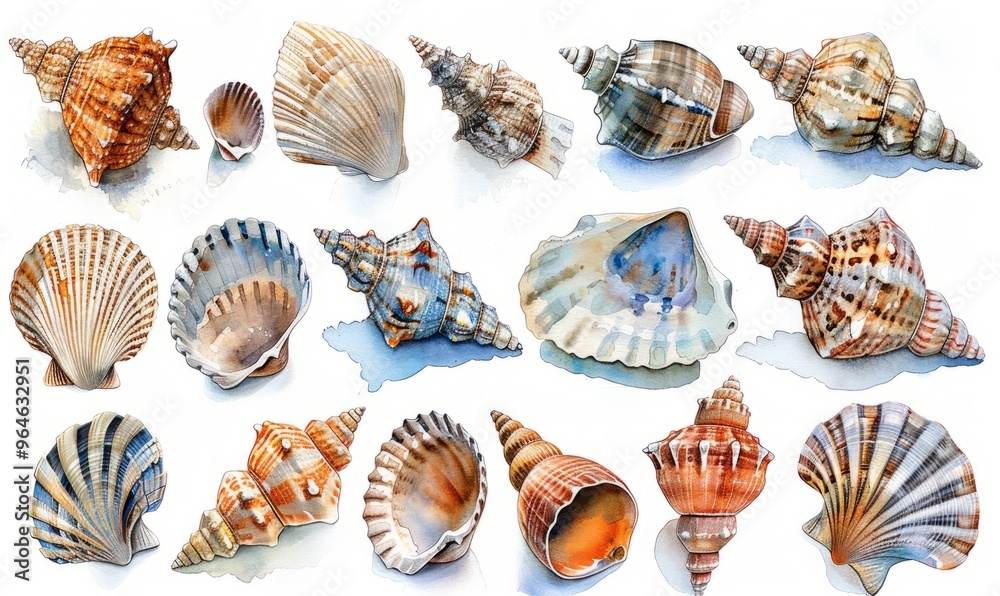 Abstract seashell collection in watercolor on a white background. Abstract seashell collection in watercolor on a white background.