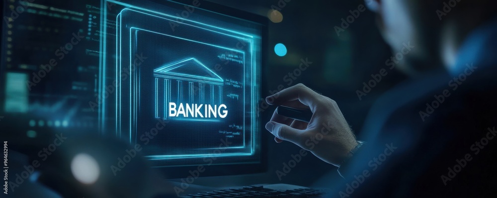 Fototapeta premium Businessman using computer with digital banking interface in modern office at night