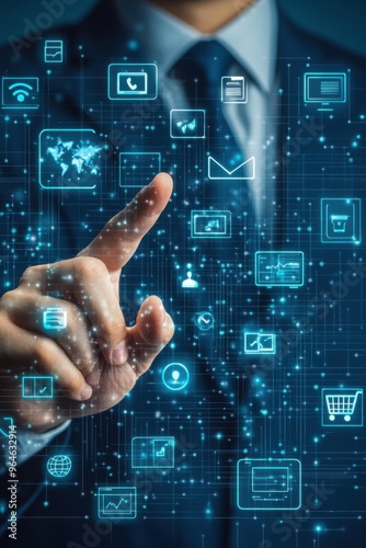 Businessman interacting with digital marketing interface featuring glowing icons for global communication and e-commerce