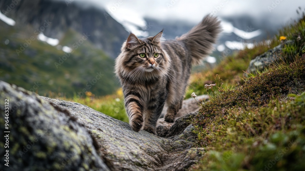 Fototapeta premium A cat walks along a rocky path in a mountainous landscape with greenery and clouds.