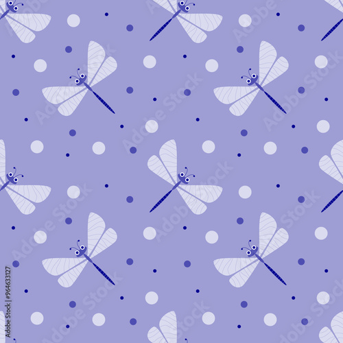 Vector illustration. Dragonfly cartoon seamless pattern on colorful background.