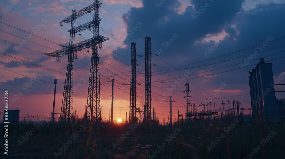 Silhouettes of Power Lines at Sunset Silhouettes of Power Lines at Sunset