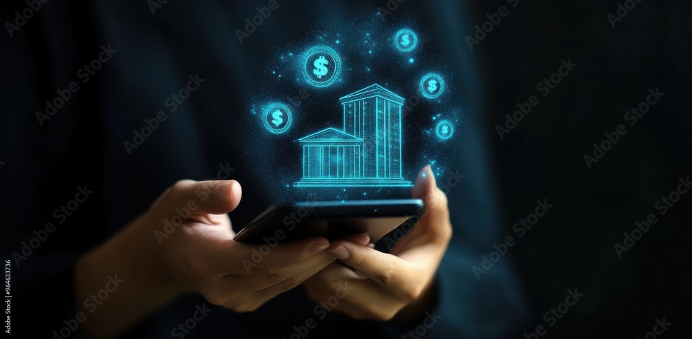 Digital banking on smartphone showcasing futuristic hologram of financial payments and transactions Digital banking on smartphone showcasing futuristic hologram of financial payments and transactions