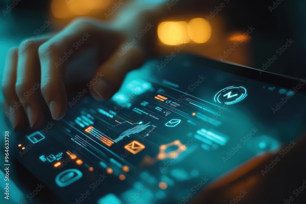 Digital graphics of financial security with a hand interacting with a futuristic touchscreen interface displaying dynamic data analysis and information Digital graphics of financial security with a hand interacting with a futuristic touchscreen interface displaying dynamic data analysis and information