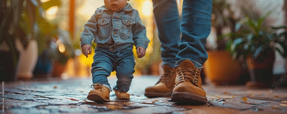 A parent watching their child take their first steps, overwhelmed with pride and emotion against a white backdrop. A parent watching their child take their first steps, overwhelmed with pride and emotion against a white backdrop.