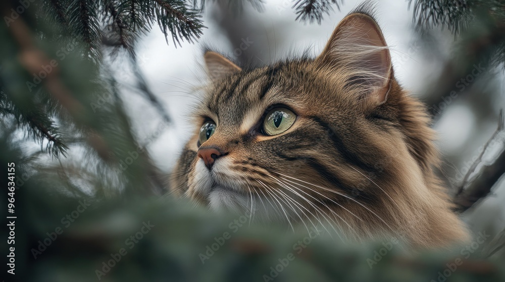 Obraz premium A close-up of a cat gazing through branches, showcasing its curiosity and beauty.