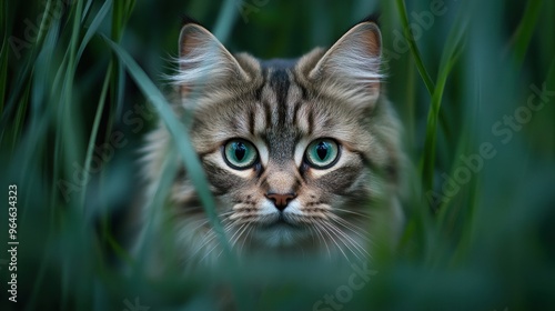 A close-up of a cat hidden among tall grass, showcasing its striking green eyes.