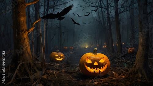 Jack-o'-lantern with a menacing grin, surrounded by crows and a spooky forest, perfect for Halloween photo