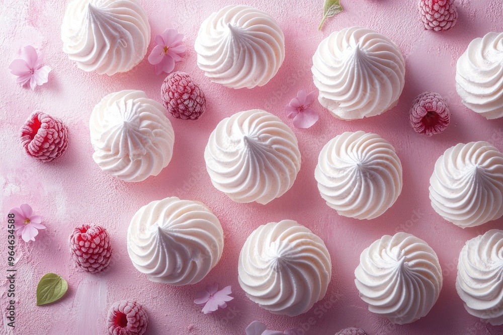Delicate meringues flavored with raspberry and rosewater, arranged on a pastel background Delicate meringues flavored with raspberry and rosewater, arranged on a pastel background