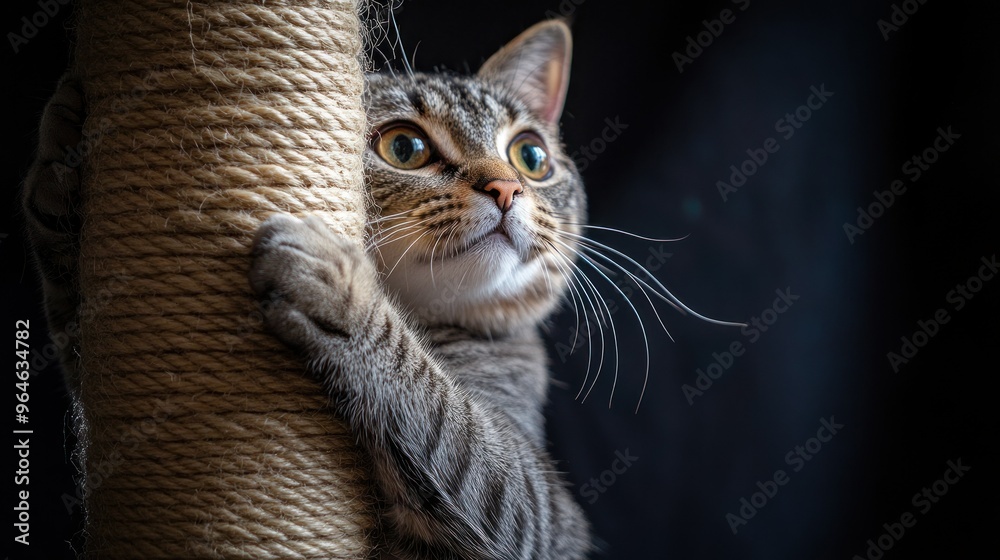 A close-up of a cat playfully gripping a scratching post with an expressive gaze. A close-up of a cat playfully gripping a scratching post with an expressive gaze.