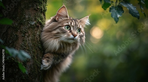 A close-up of a cat perched on a tree, gazing thoughtfully into the distance.