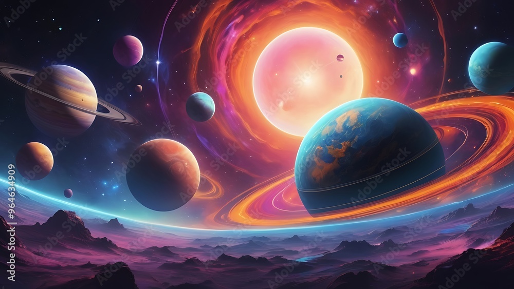 Vibrant, colorful digital illustration of a cosmic scene featuring various planets, stars, and celestial bodies, Abstract colorful space background