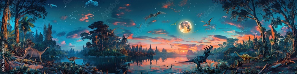 Naklejka premium Forest Lake Surrounded by Lush Trees Reflecting in Water, Panoramic view