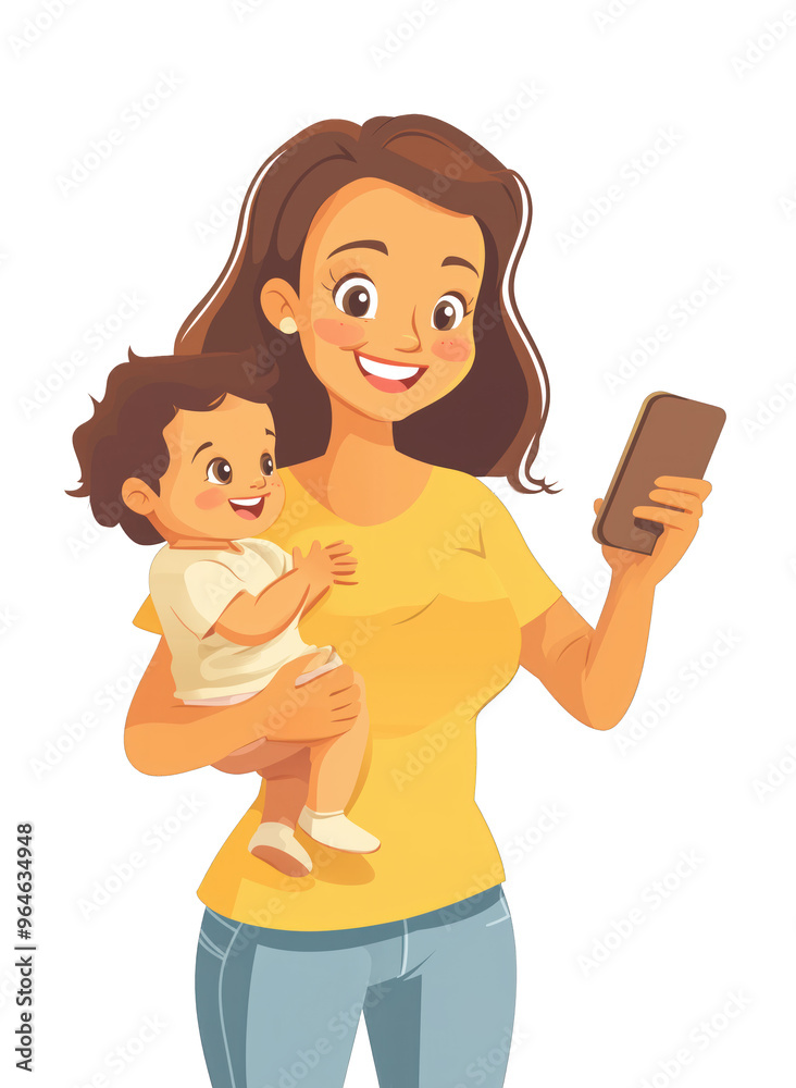 modern mom holding her baby with her right hand while checking her smartphone on the left hand modern mom holding her baby with her right hand while checking her smartphone on the left hand