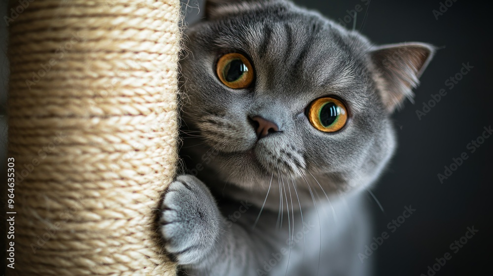 A close-up of a curious gray cat with large amber eyes peeking around a scratching post. A close-up of a curious gray cat with large amber eyes peeking around a scratching post.