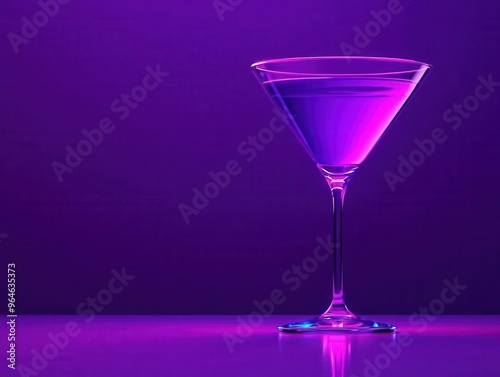 Martini glass glowing with purple liquid, set on a reflective surface in a digital lounge, Futuristic, Neon lighting, Hyper-realistic