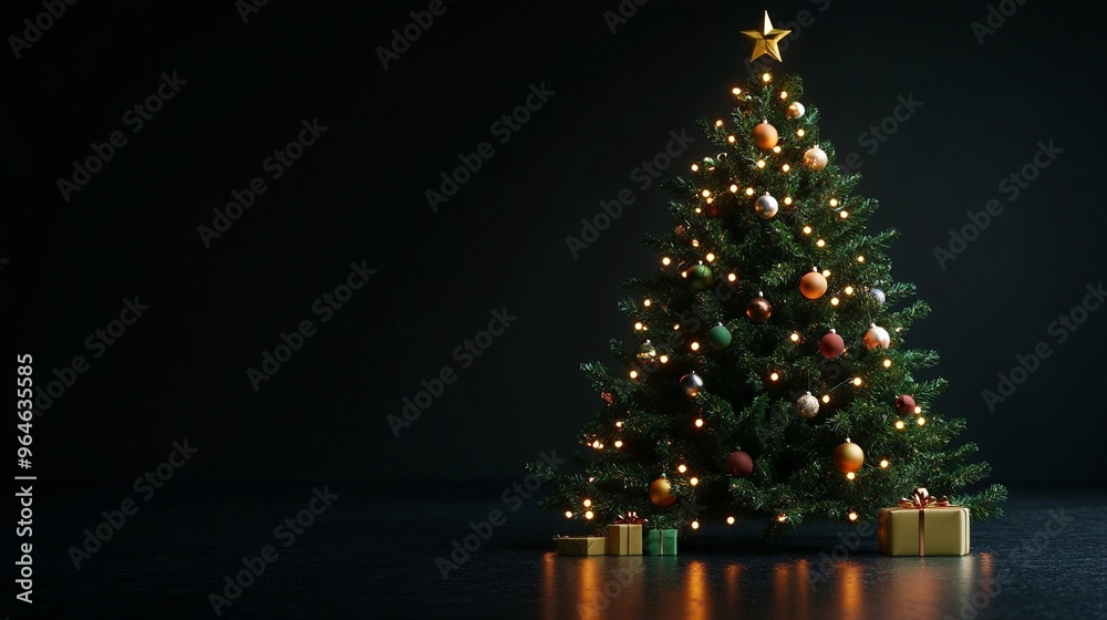 A realistic 3D Christmas tree illuminated with glowing lights, is displayed on a dark background. A realistic 3D Christmas tree illuminated with glowing lights, is displayed on a dark background.