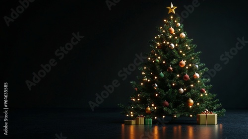 A realistic 3D Christmas tree illuminated with glowing lights, is displayed on a dark background.