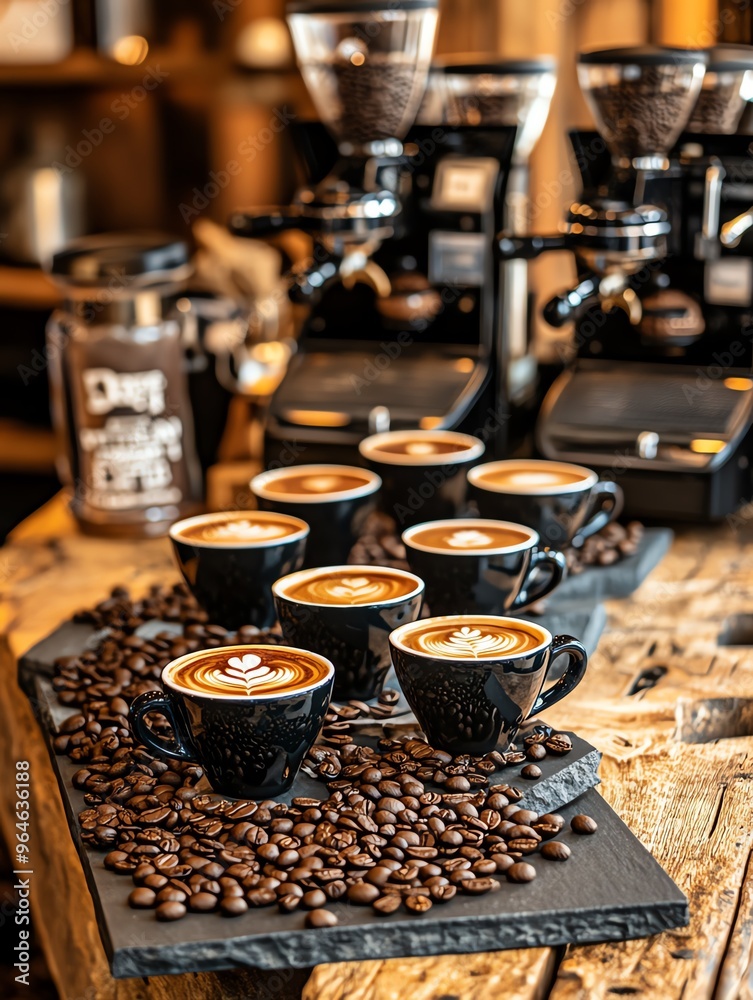 A beautifully arranged display of coffee cups on a wooden table, showcasing rich espresso and coffee beans. A beautifully arranged display of coffee cups on a wooden table, showcasing rich espresso and coffee beans.