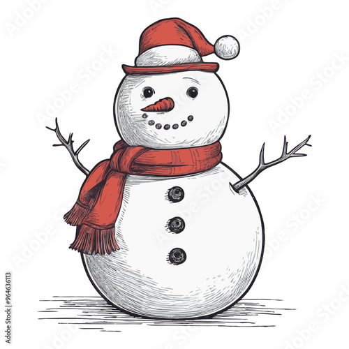 Snowman illustration in hachure style with red hat, scarf, carrot nose, and stick arms