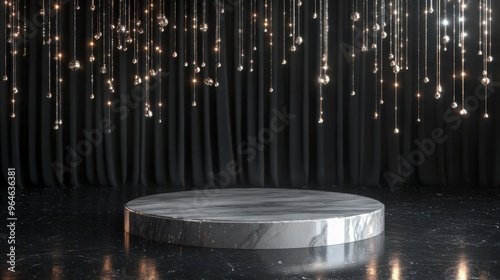 white marble podium showcase with golden light and golden glittering lights on dark background
 photo