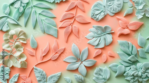 A soft pastel background with Fimo polymer clay plants designed in retro colors, featuring stylized leaf patterns and organic shapes