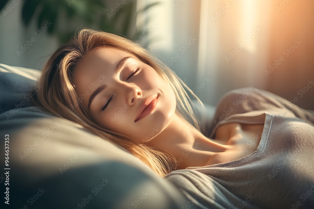Woman relaxing on living room couch, sun highlighting her peaceful facial expression Woman relaxing on living room couch, sun highlighting her peaceful facial expression