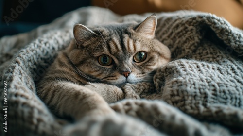 A cozy cat lounging on a knitted blanket, exuding a calm and relaxed atmosphere.