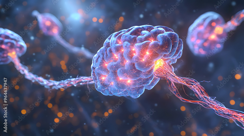 3D medical illustration of the brain’s neural networks, showing synapses, neurons, and neurotransmitter pathways, perfect for explaining brain communication 3D medical illustration of the brain’s neural networks, showing synapses, neurons, and neurotransmitter pathways, perfect for explaining brain communication