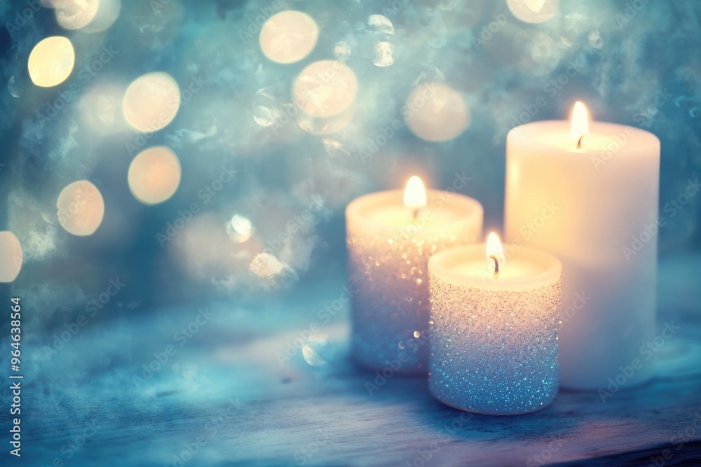 Advent Christmas candles burning in the night with golden glitter on flames and abstract defocused lights Advent Christmas candles burning in the night with golden glitter on flames and abstract defocused lights