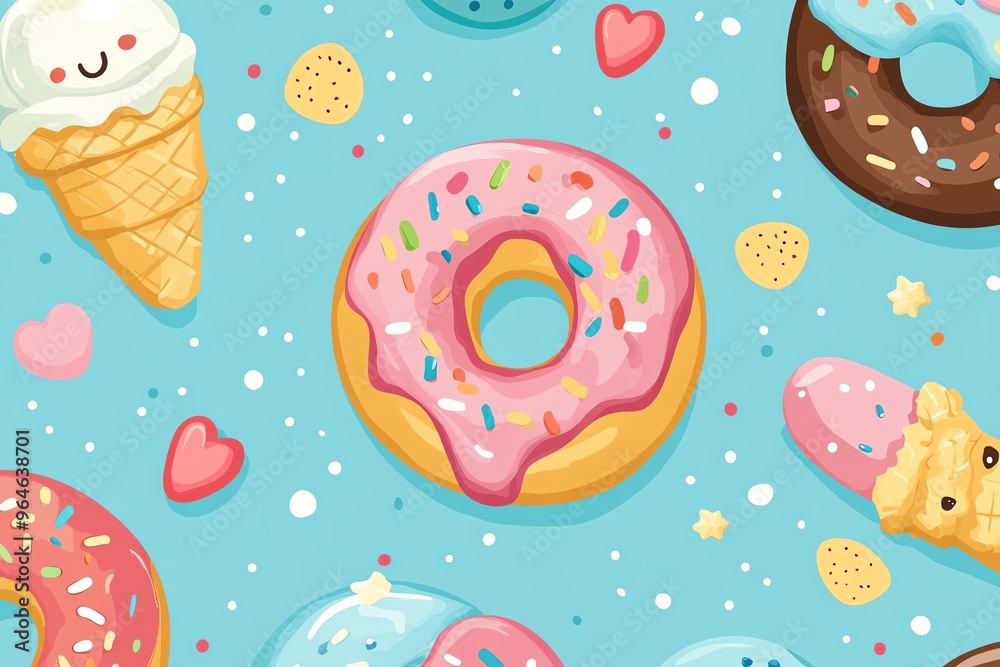 Colorful pattern featuring donuts, ice cream, and hearts on a bright blue background, perfect for sweet treats and desserts. Colorful pattern featuring donuts, ice cream, and hearts on a bright blue background, perfect for sweet treats and desserts.